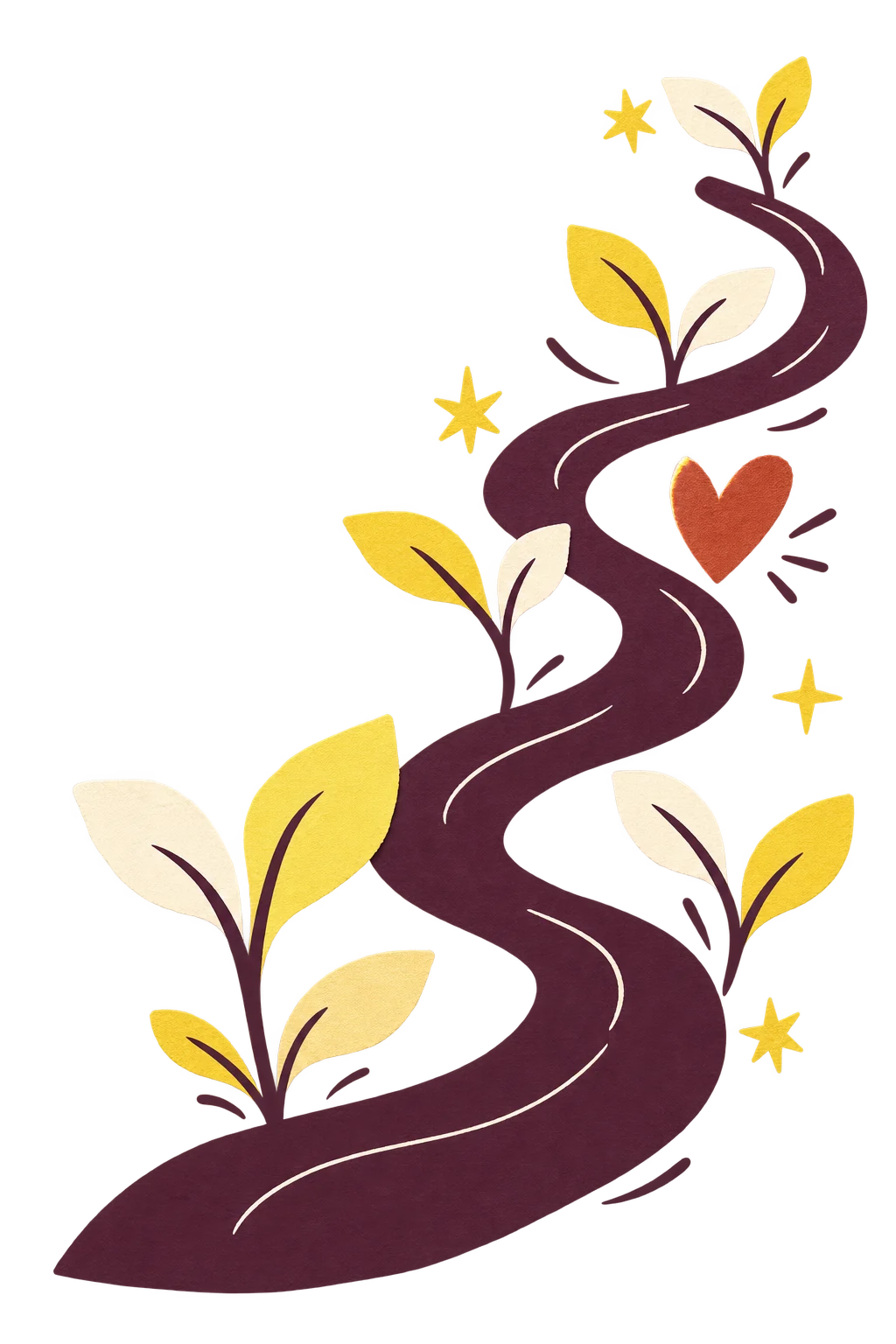 An illustrated winding plum path with leaves, stars and a heart